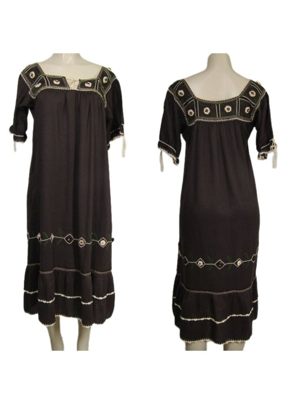VTG 70s 80s Hippie Festival Brown Embroidered Peasant Gypsy Folklore Dress M